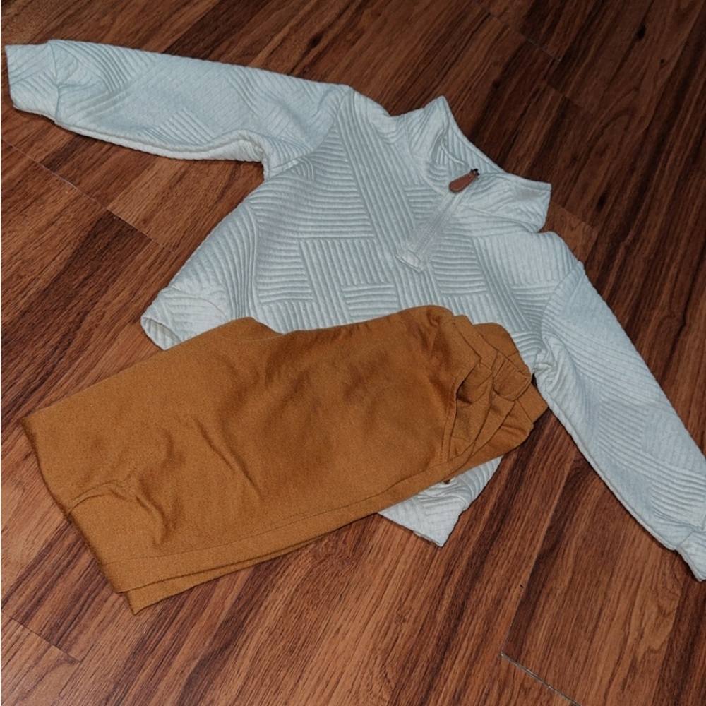 White Quilted Top and Tan Pants Set